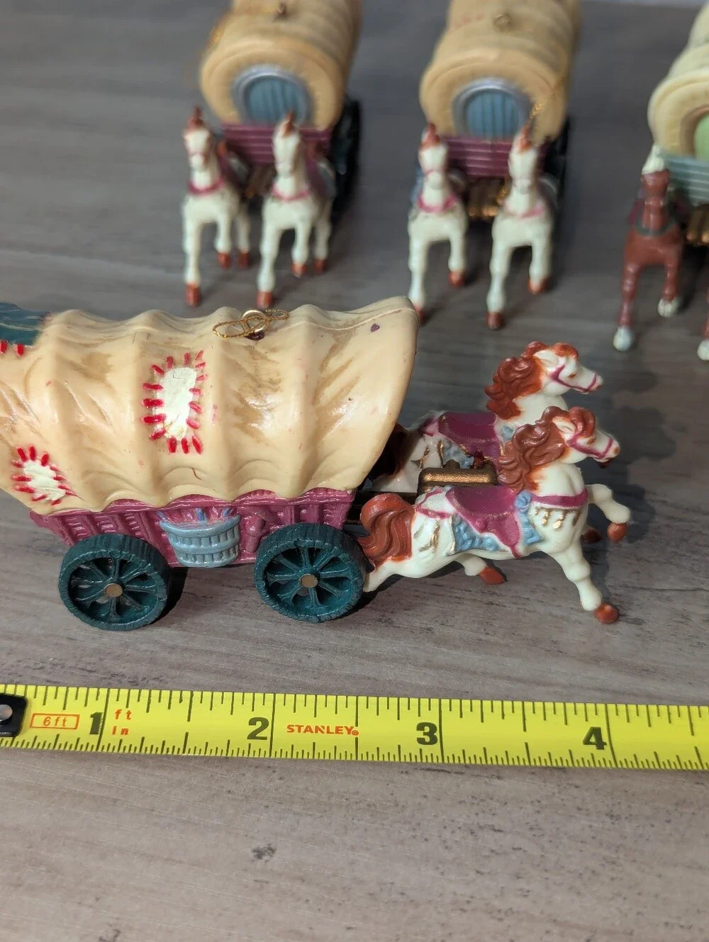Western Covered Wagon Christmas Ornaments Hard Plastic Set of 6 Vintage